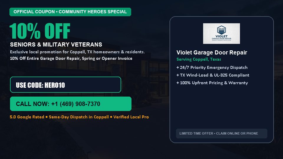 Violet Garage Door Repair 10% OFF Seniors & Military Veterans in Coppell, TX